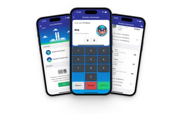 3 Telefones com imagens do aplicativo da Urna