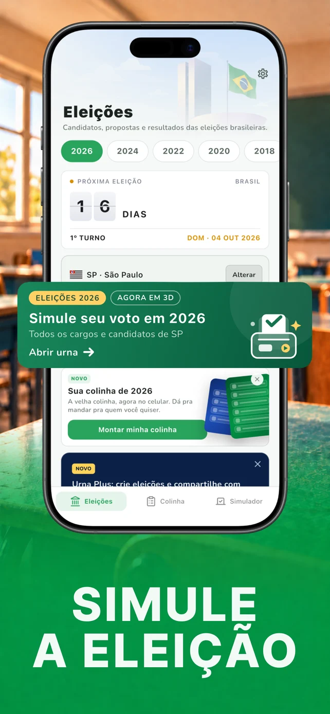 Simule a eleição: tela inicial do app com contagem regressiva e o card Simule seu voto em 2026
